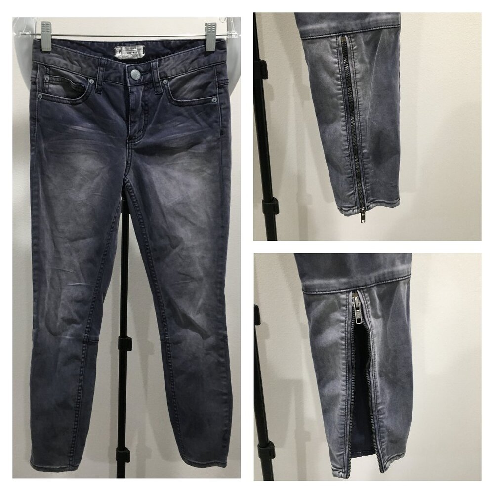 FREE PEOPLE Velvet Gray w Purple Undertone Zip Back Hem 5 Pocket Skinny Jeans